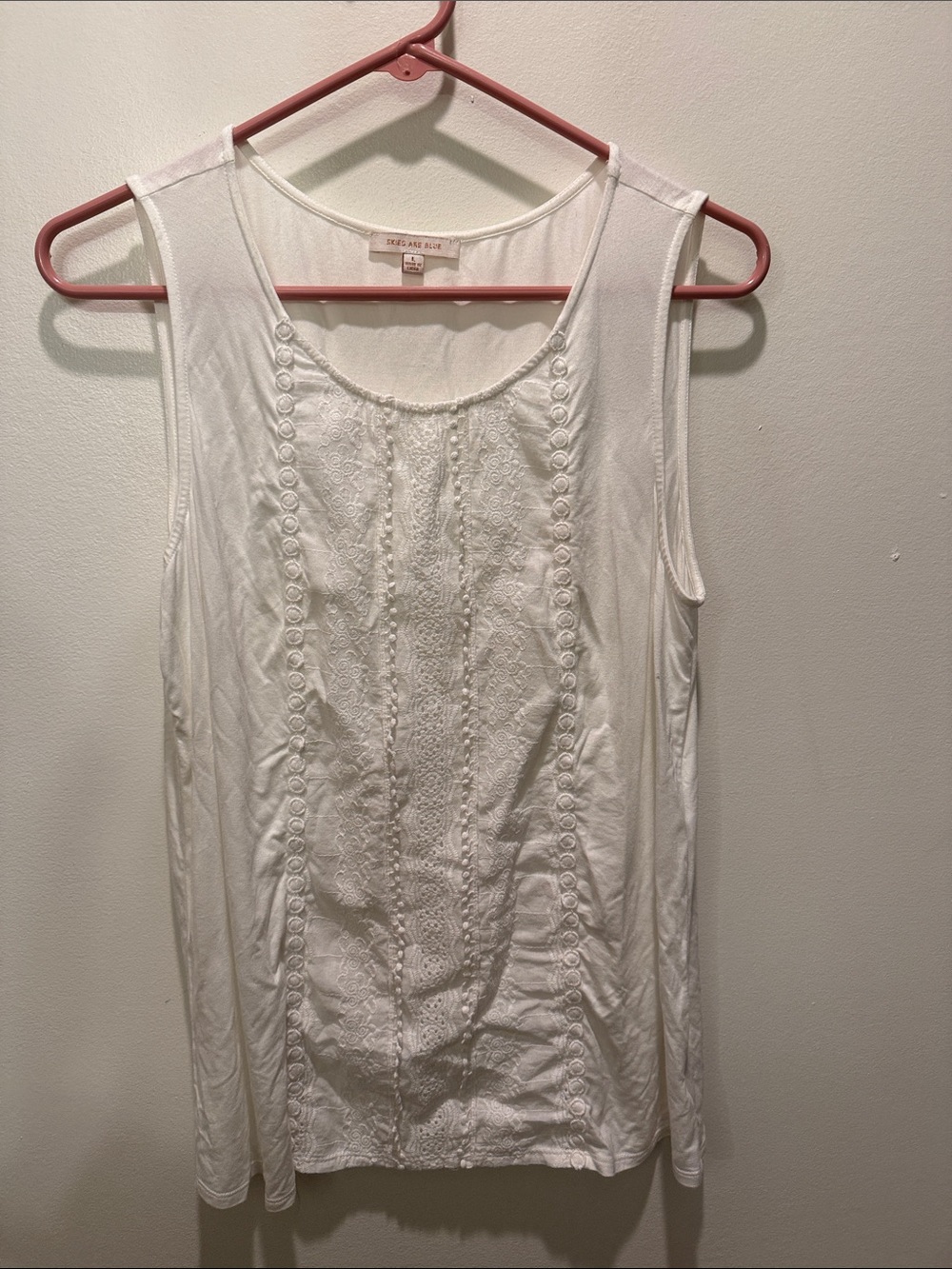 Skies Are Blue White Embroidered Scoop Neck Tank w/Airika Woven Lace Size LG